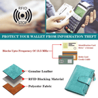 Turquoise leather RFID bifold wallet with coin pocket, card slots and zipper opening