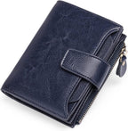 Compact genuine leather bifold wallet in dark blue with coin pocket zipper
