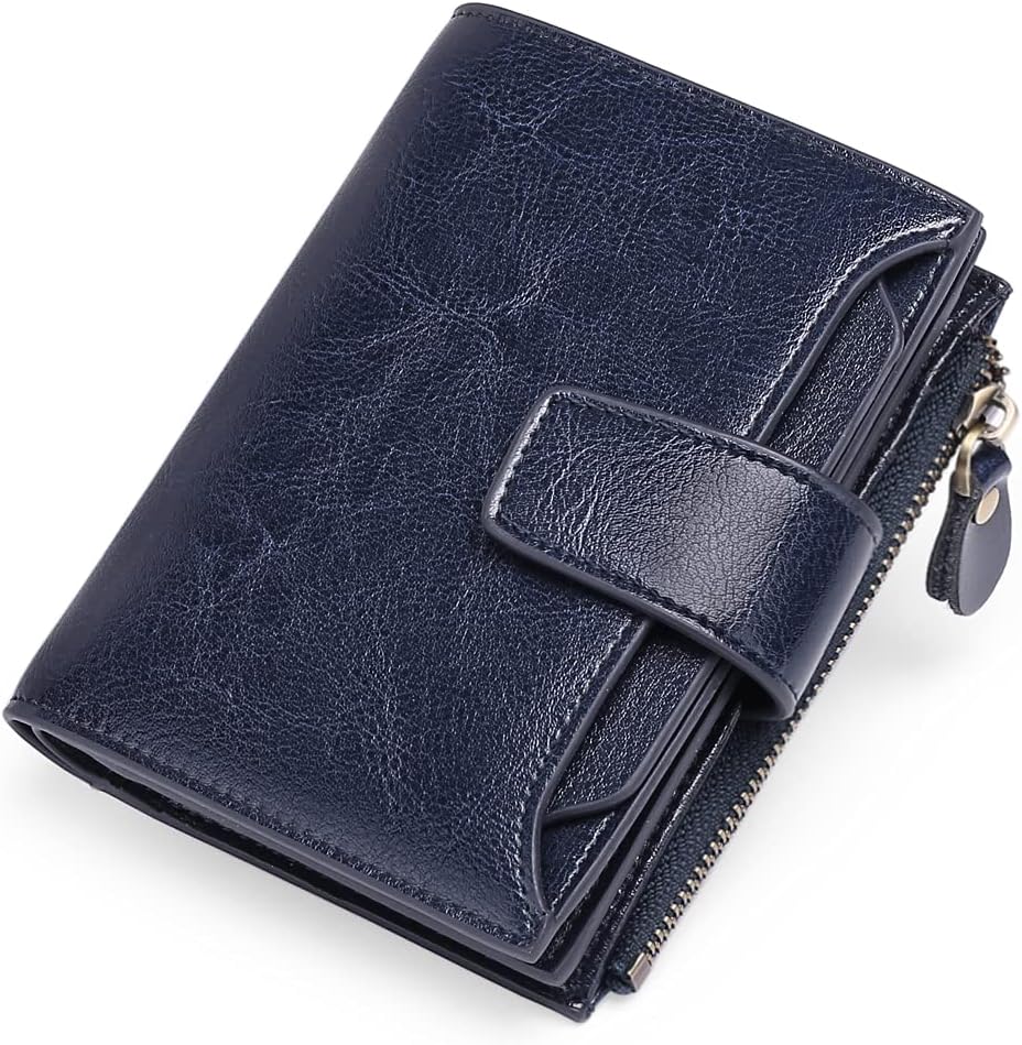 Compact genuine leather bifold wallet in dark blue with coin pocket zipper