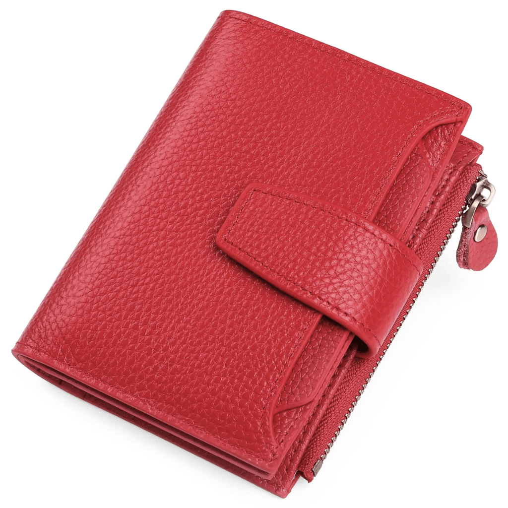 Compact leather RFID bifold wallet with coin pocket, red with snap front and zipper