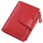 Compact leather RFID bifold wallet with coin pocket, red with snap front and zipper