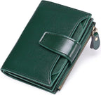 Compact leather RFID bifold wallet with coin pocket, dark green with snap front