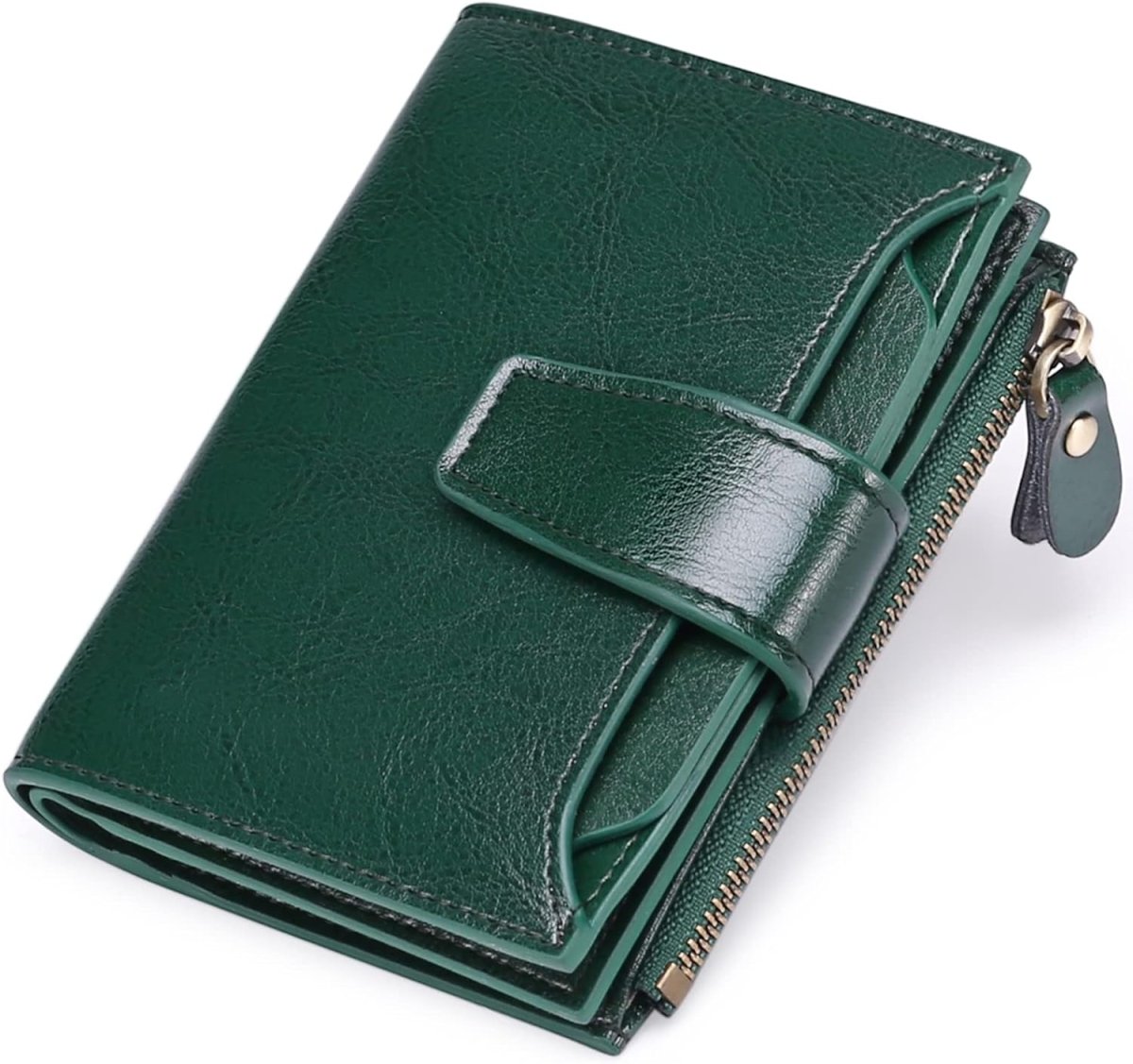 Compact leather RFID bifold wallet with coin pocket, dark green with snap front