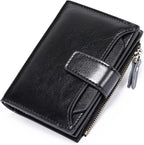 Black leather RFID bifold wallet with coin pocket, zipper, and front card flap
