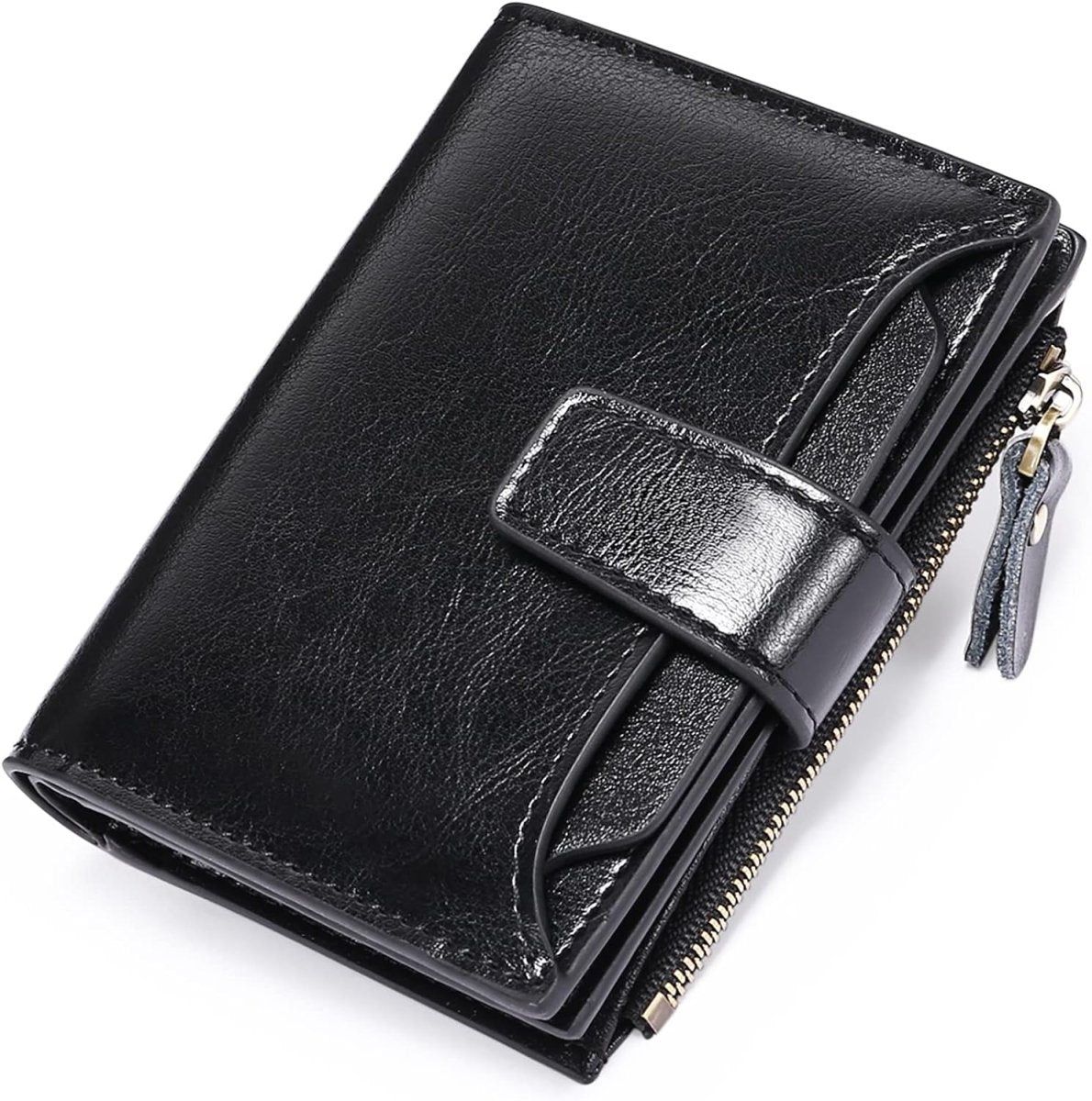 Black leather RFID bifold wallet with coin pocket, zipper, and front card flap