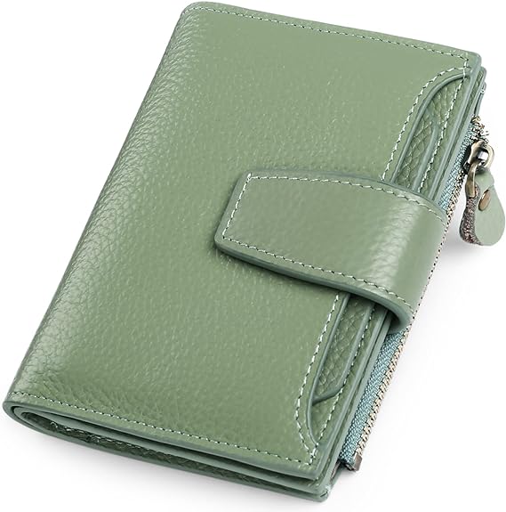 Light green leather RFID bifold wallet with coin pocket and stitched front flap