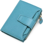 Compact genuine leather bifold wallet in turquoise blue with coin pocket zipper