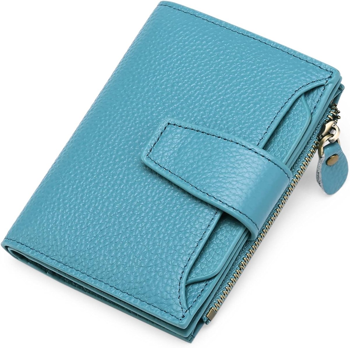 Compact genuine leather bifold wallet in turquoise blue with coin pocket zipper