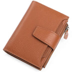 Compact genuine leather bifold wallet in caramel brown with coin pocket zipper