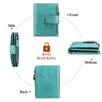 Turquoise leather RFID bifold wallet with coin pocket, shown front, back, and side