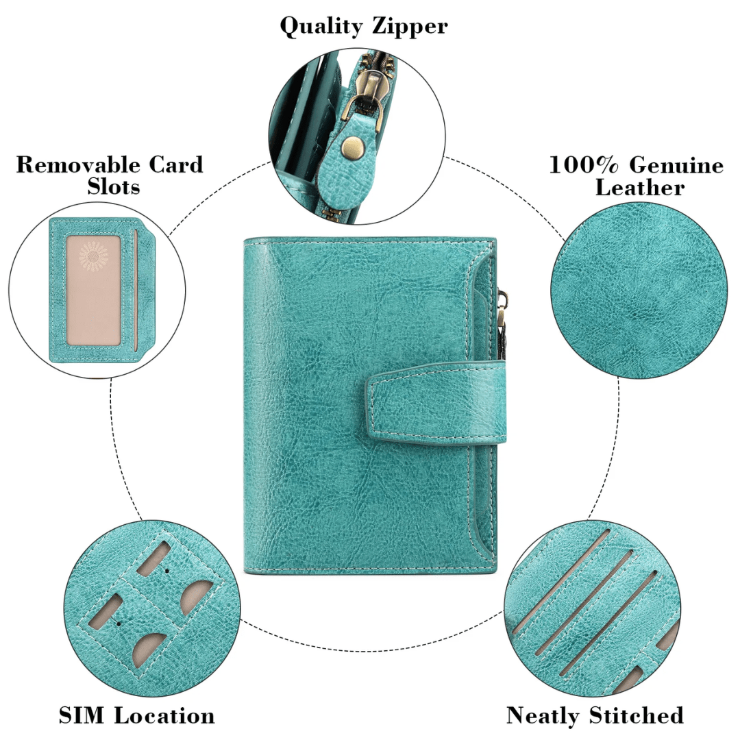 Turquoise leather RFID bifold wallet with removable card slots and neatly stitched seams