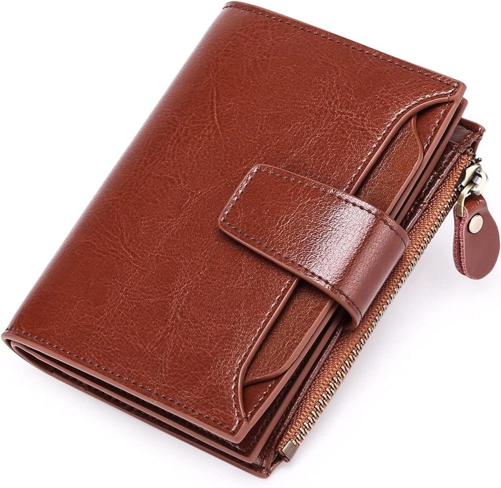 Brown leather RFID bifold wallet with coin pocket, zip closure, snap strap, textured grain