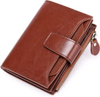 Brown leather RFID bifold wallet with coin pocket, zip closure, snap strap, textured grain