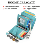 Turquoise leather RFID bifold wallet open with card slots, cash space, and zipper pocket