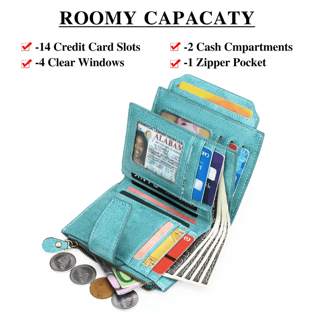 Turquoise leather RFID bifold wallet open with card slots, cash space, and zipper pocket