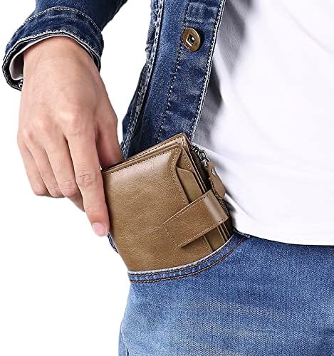 Leather RFID bifold wallet with coin pocket, tan held in a hand with jeans pocket
