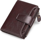 Dark brown leather RFID bifold wallet with coin pocket and front card flap detail