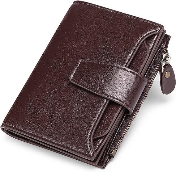 Dark brown leather RFID bifold wallet with coin pocket and front card flap detail