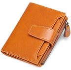 Compact genuine leather bifold wallet in orange with coin pocket zipper