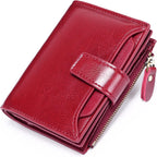 Wine red leather RFID bifold wallet with coin pocket and zippered outer edge
