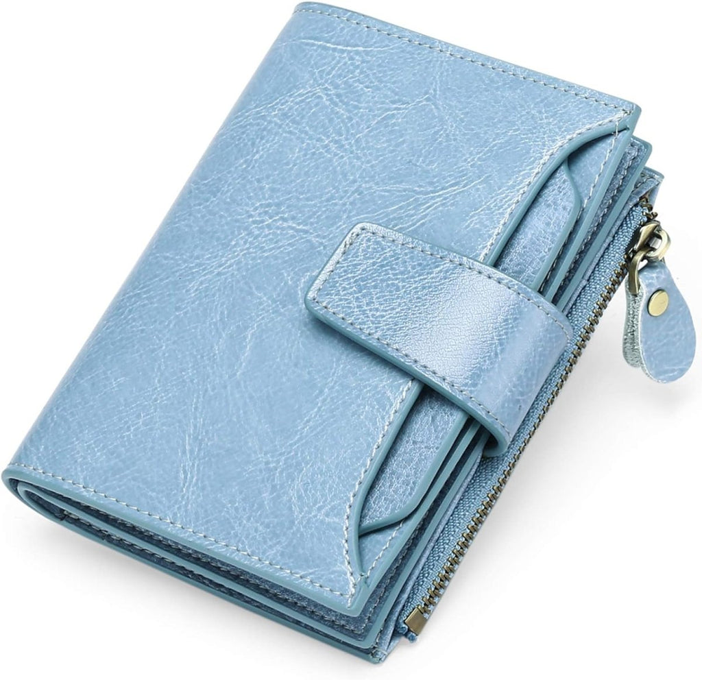 Compact genuine leather bifold wallet in light blue with coin pocket zipper
