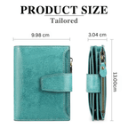 Turquoise leather RFID bifold wallet with coin pocket and front card flap