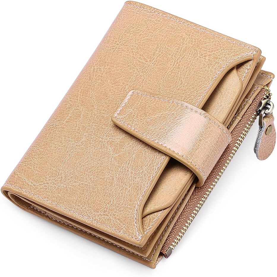 Caramel leather RFID bifold wallet with coin pocket and stitched front card flap