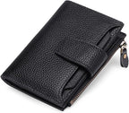 Compact genuine leather bifold wallet in black with coin pocket zipper