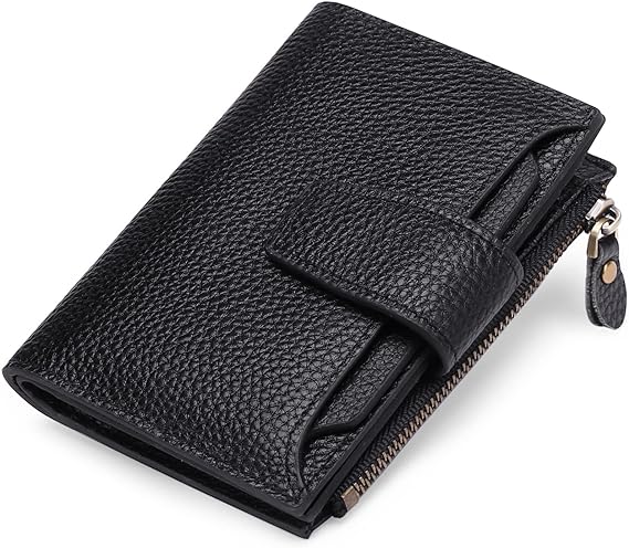 Compact genuine leather bifold wallet in black with coin pocket zipper