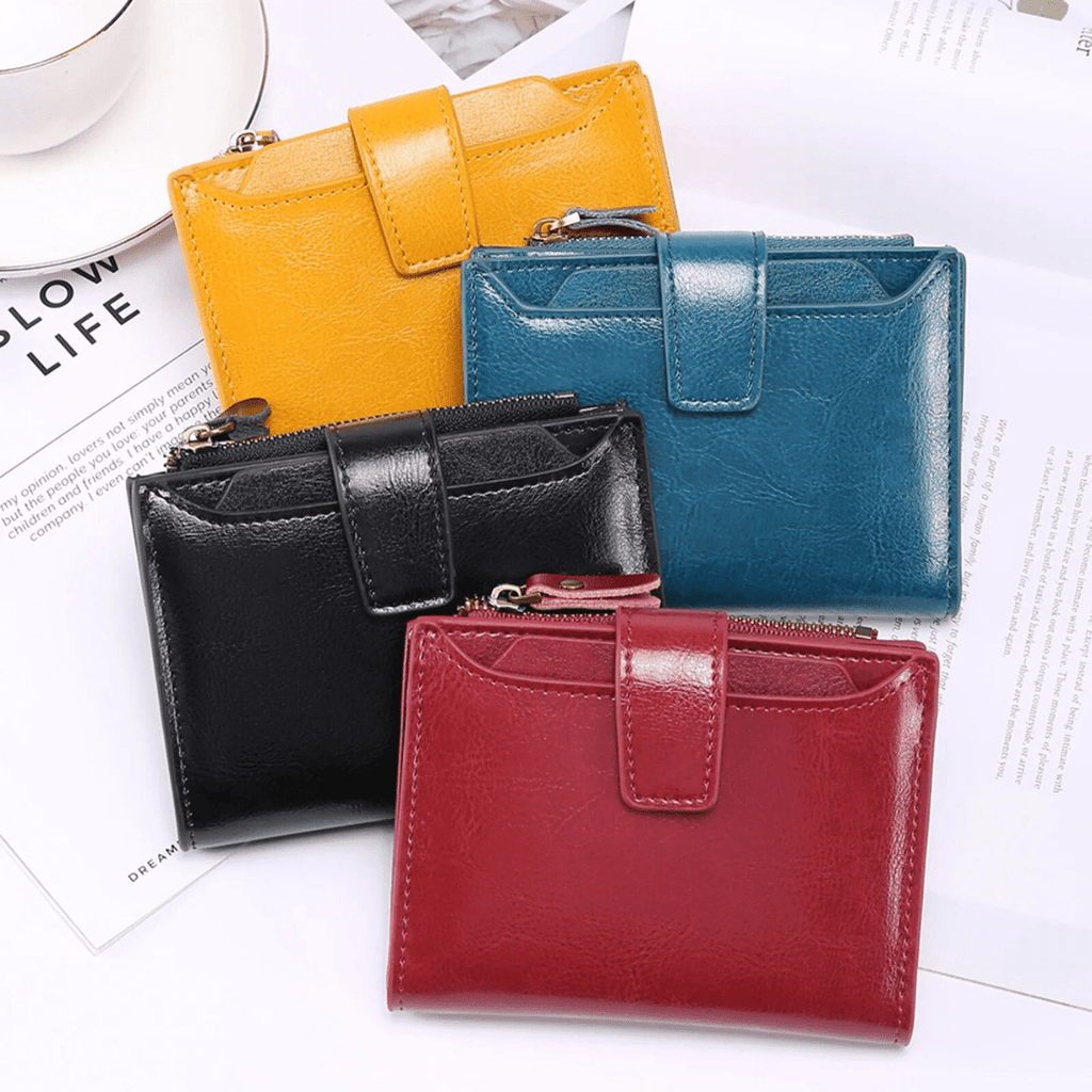 Leather RFID bifold wallets with coin pocket, multi-color display with snap front