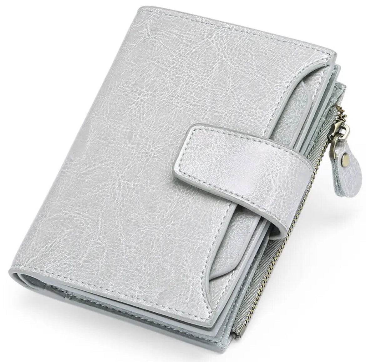 Compact genuine leather bifold wallet in white with coin pocket zipper
