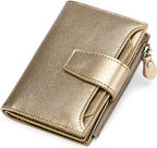 Compact leather RFID bifold wallet with coin pocket, metallic gold with snap front