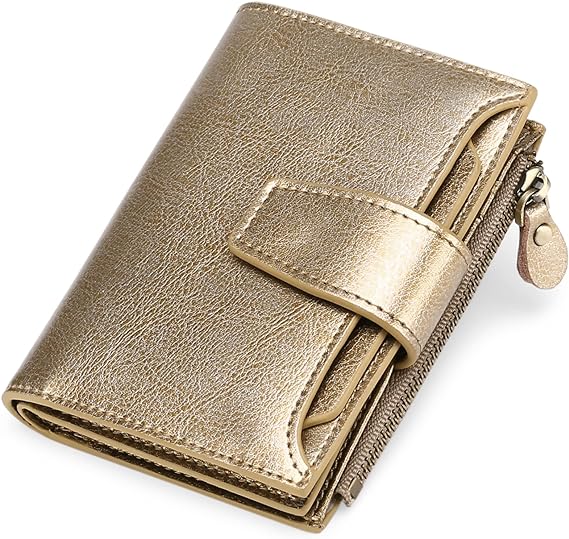 Compact leather RFID bifold wallet with coin pocket, metallic gold with snap front