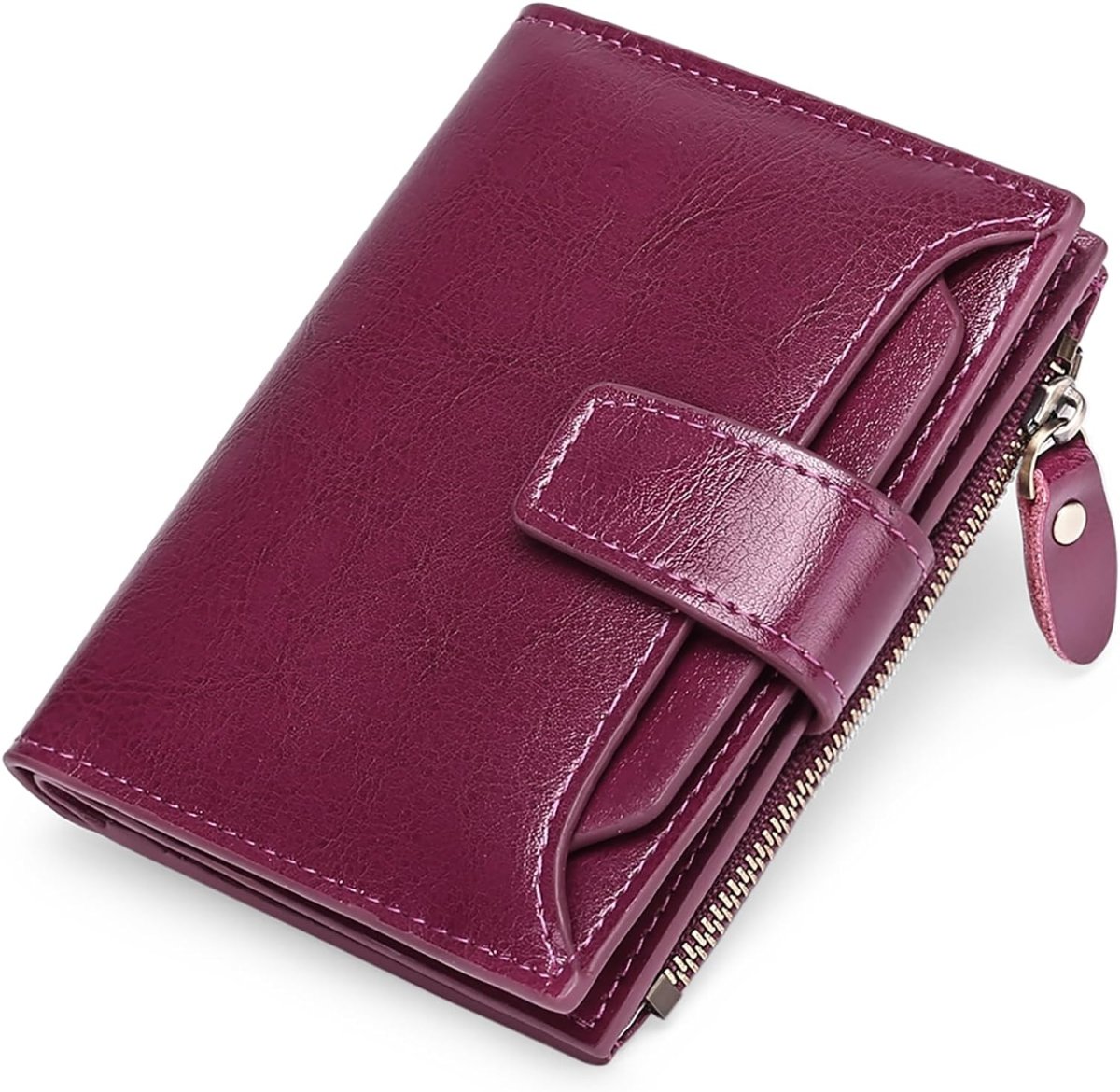 Compact leather RFID bifold wallet with coin pocket, burgundy red with snap tab