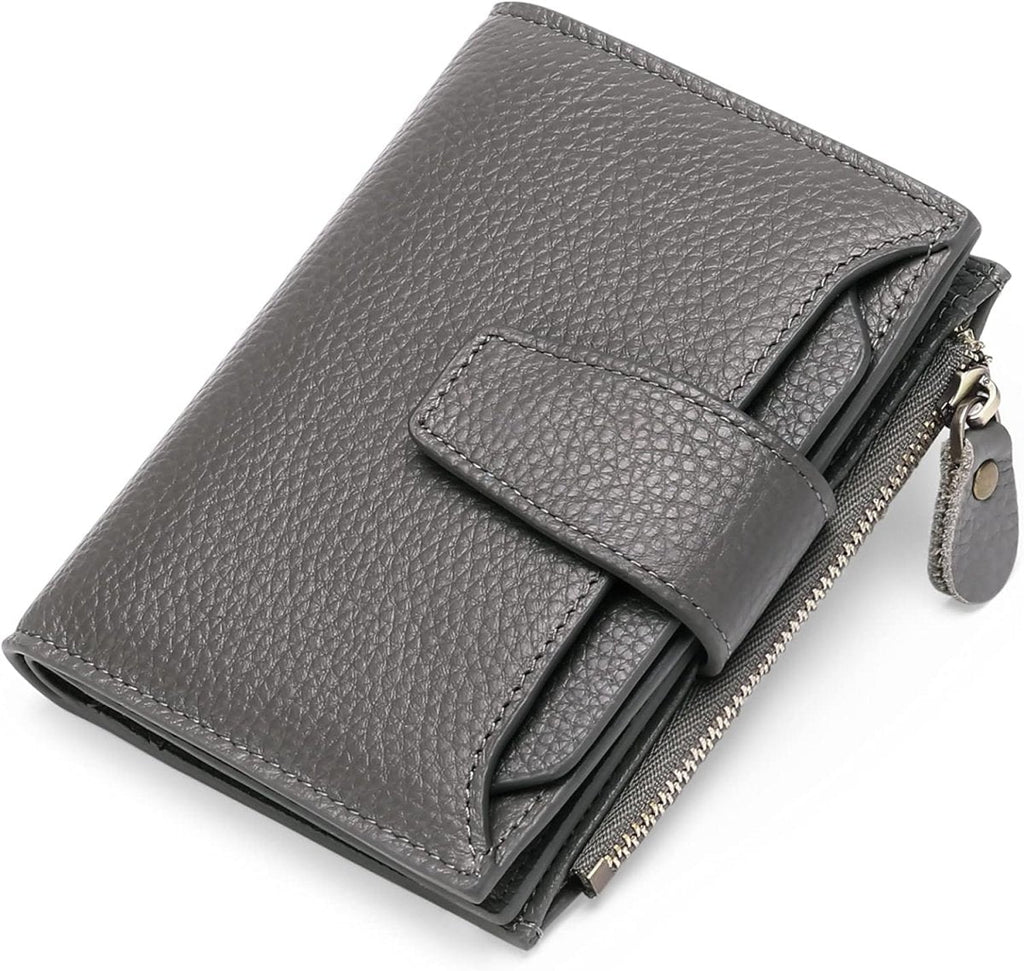 Compact genuine leather bifold wallet in gray with coin pocket zipper