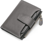 Compact genuine leather bifold wallet in gray with coin pocket zipper