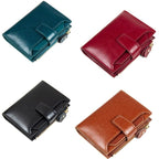 Compact leather RFID bifold wallet with coin pocket, four colors: teal, red, black, brown