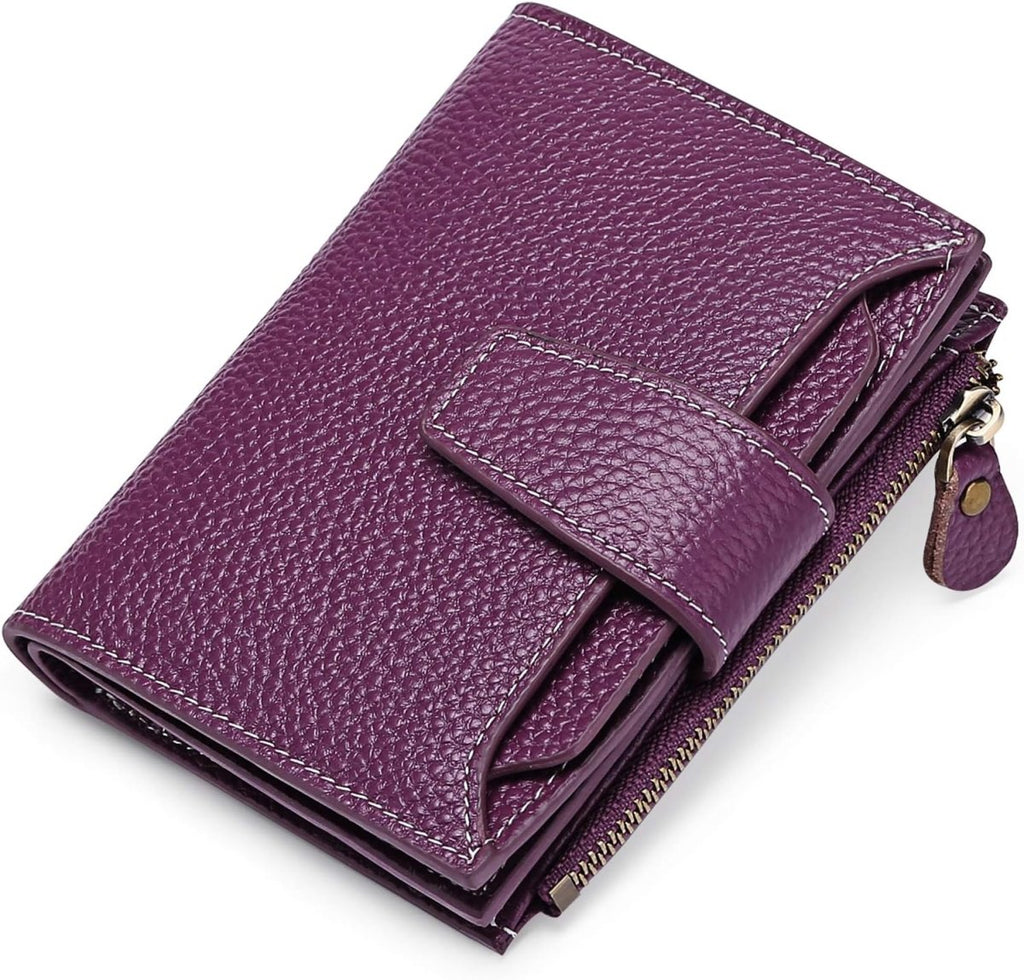 Compact leather RFID bifold wallet with coin pocket, purple with snap front