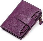 Compact leather RFID bifold wallet with coin pocket, purple with snap front