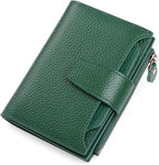 Green leather RFID bifold wallet with coin pocket, snap strap, textured grain