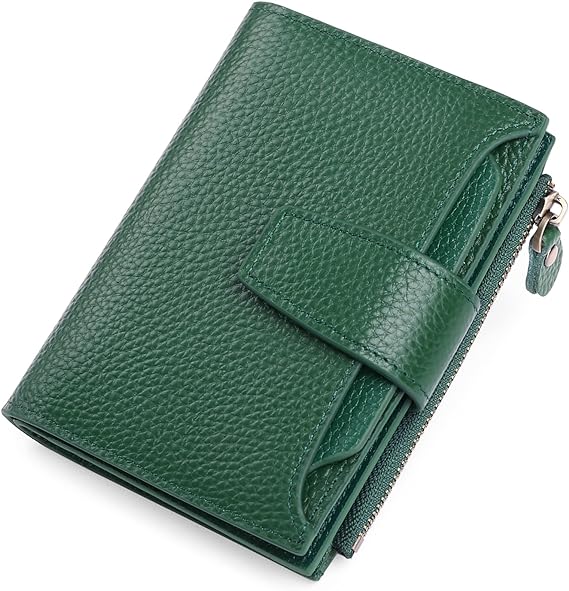 Green leather RFID bifold wallet with coin pocket, snap strap, textured grain