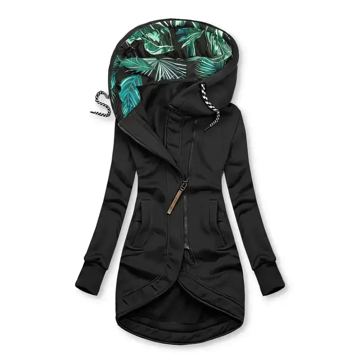 Black hooded women’s jacket with front zipper, long sleeves, and tropical printed lining hood