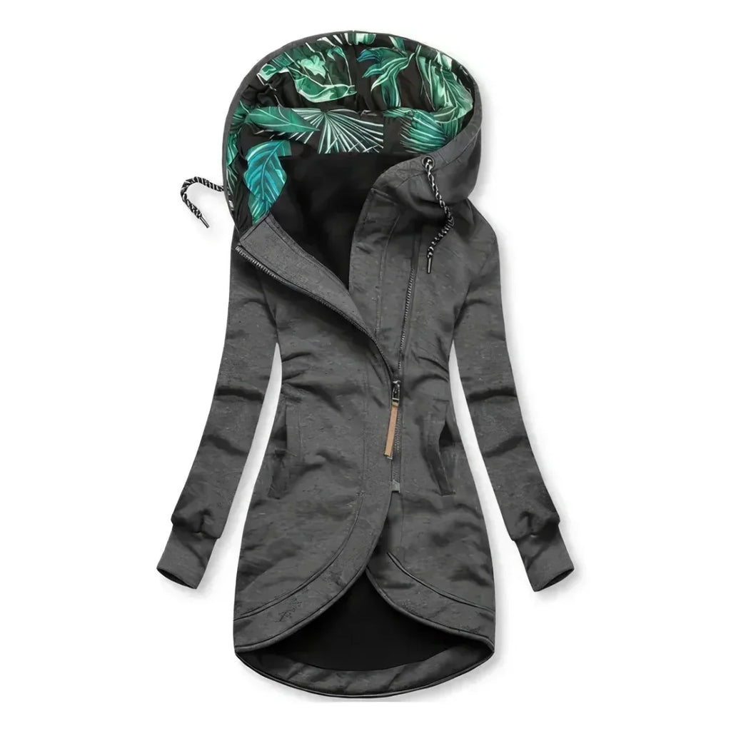 Dark gray hooded women’s jacket with front zipper, long sleeves, and tropical printed contrast lining