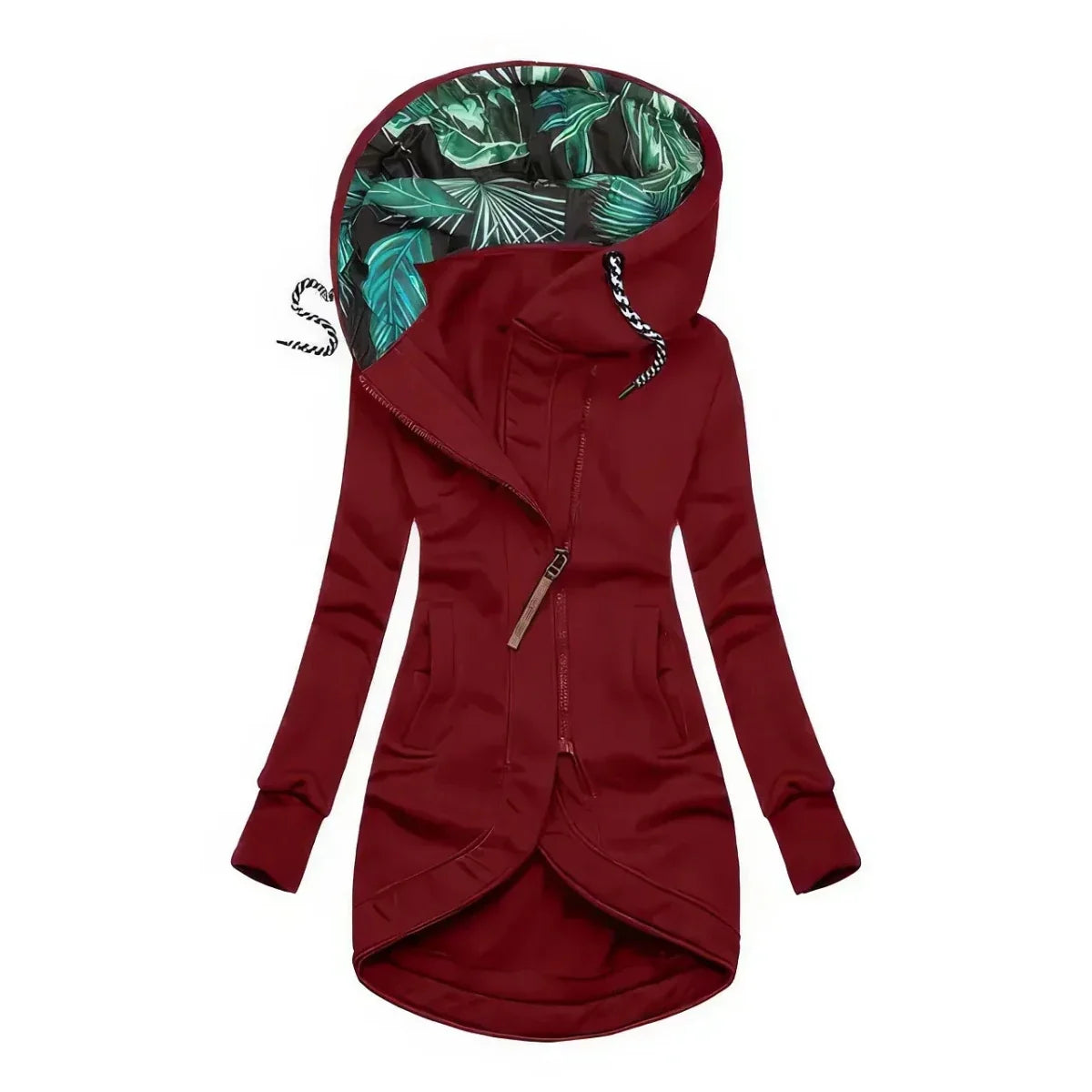 Red hooded women’s jacket with front zipper, long sleeves, and tropical printed contrast lining