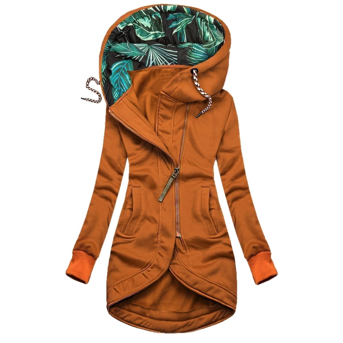 Rust orange hooded women’s jacket with front zipper, long sleeves, and tropical printed contrast lining