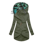 Olive green hooded women’s jacket with front zipper, long sleeves, and tropical printed contrast lining