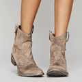 Women’s low-heel slip-on ankle boots in light brown suede with pull tabs
