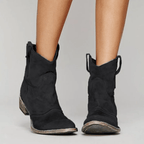 Women’s low-heel slip-on ankle boots in black suede with side pull tabs