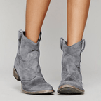 Women’s low-heel slip-on ankle boots in gray suede with side pull tabs