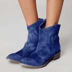 Women’s low-heel slip-on ankle boots in blue suede with side pull tabs